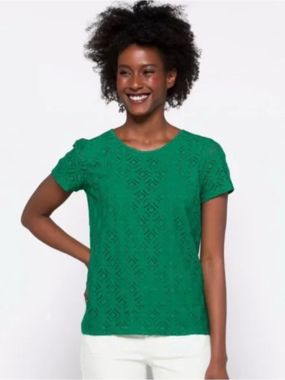 Market & Spruce Geometric Lace Pattern Bold Emerald Blouse Boho Chic Size Small